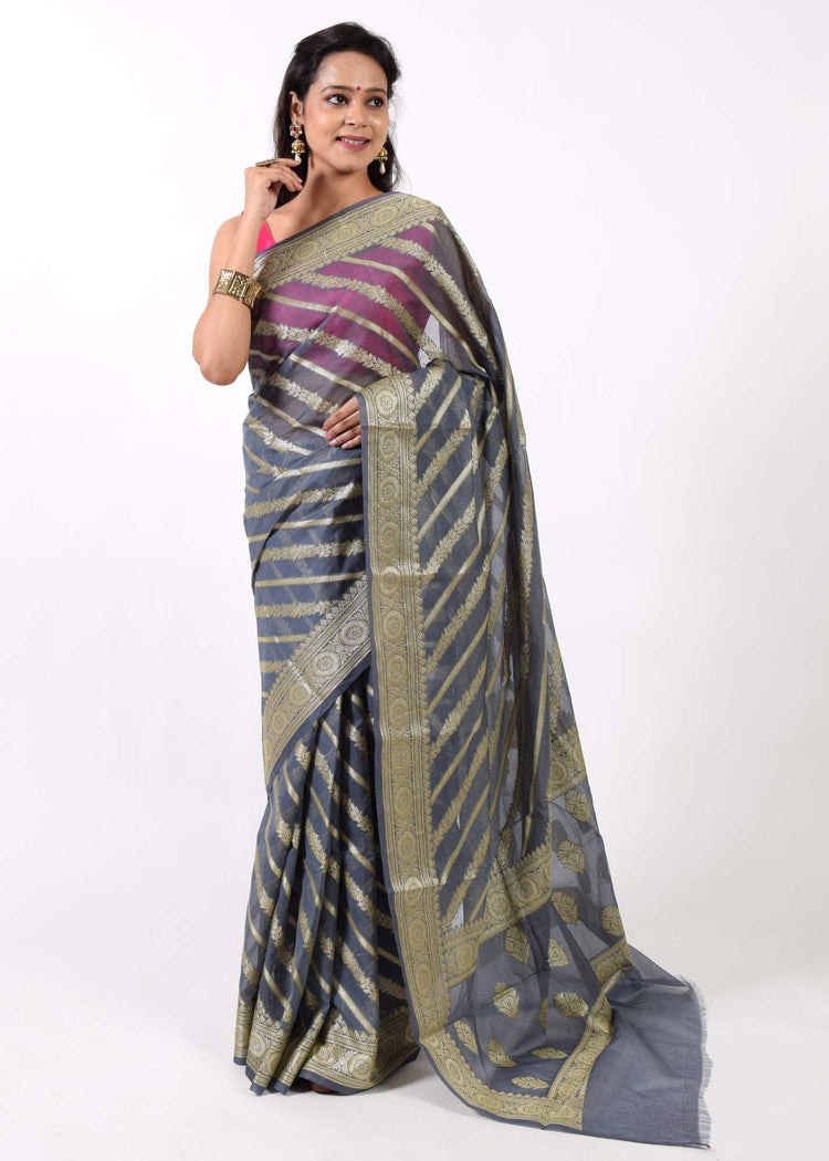 Gray Banarasi Vastra Semi Georgette Soft Silk Ara Stripes Pattern Zari Woven