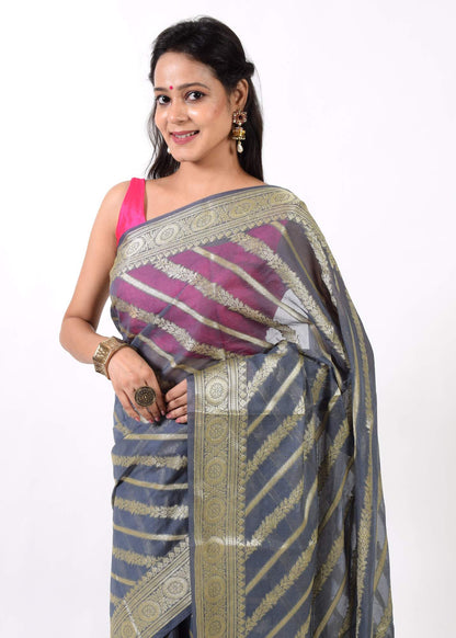 Gray Banarasi Vastra Semi Georgette Soft Silk Ara Stripes Pattern Zari Woven