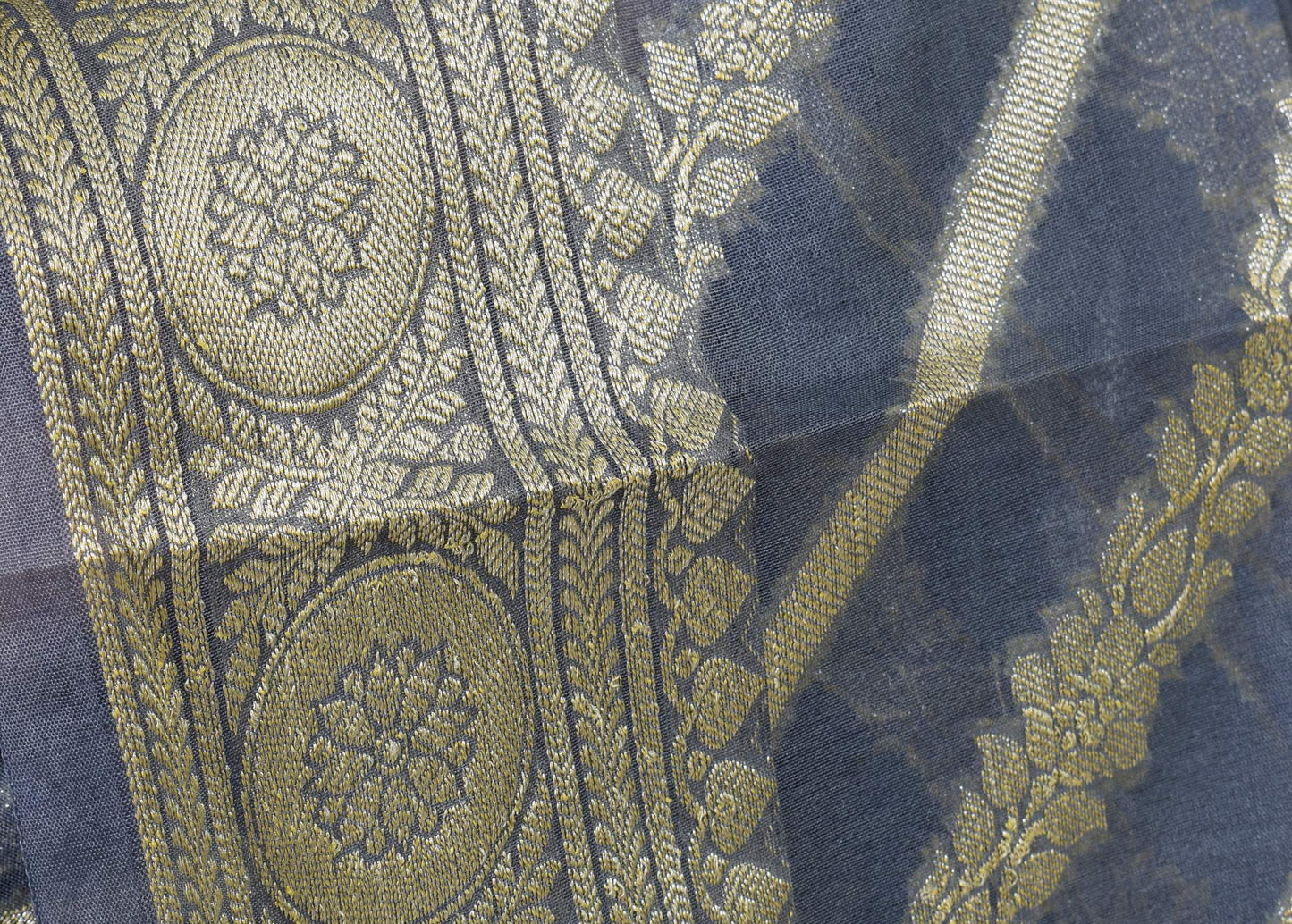 Gray Banarasi Vastra Semi Georgette Soft Silk Ara Stripes Pattern Zari Woven