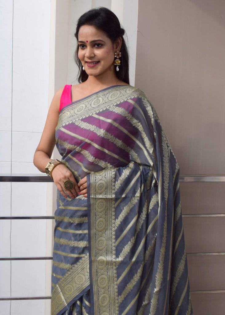 Gray Banarasi Vastra Semi Georgette Soft Silk Ara Stripes Pattern Zari Woven