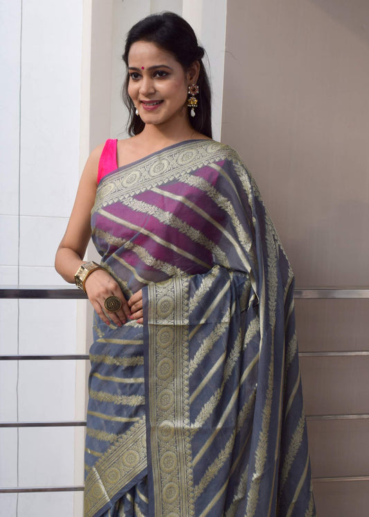 Gray Banarasi Vastra Semi Georgette Soft Silk Ara Stripes Pattern Zari Woven