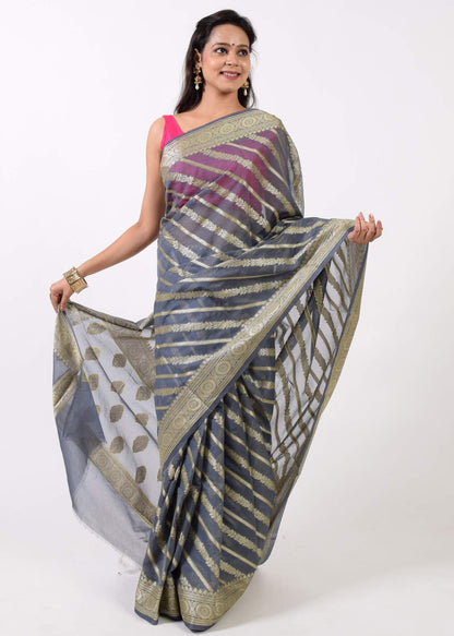 Gray Banarasi Vastra Semi Georgette Soft Silk Ara Stripes Pattern Zari Woven