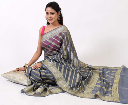 Gray Banarasi Vastra Semi Georgette Soft Silk Ara Stripes Pattern Zari Woven