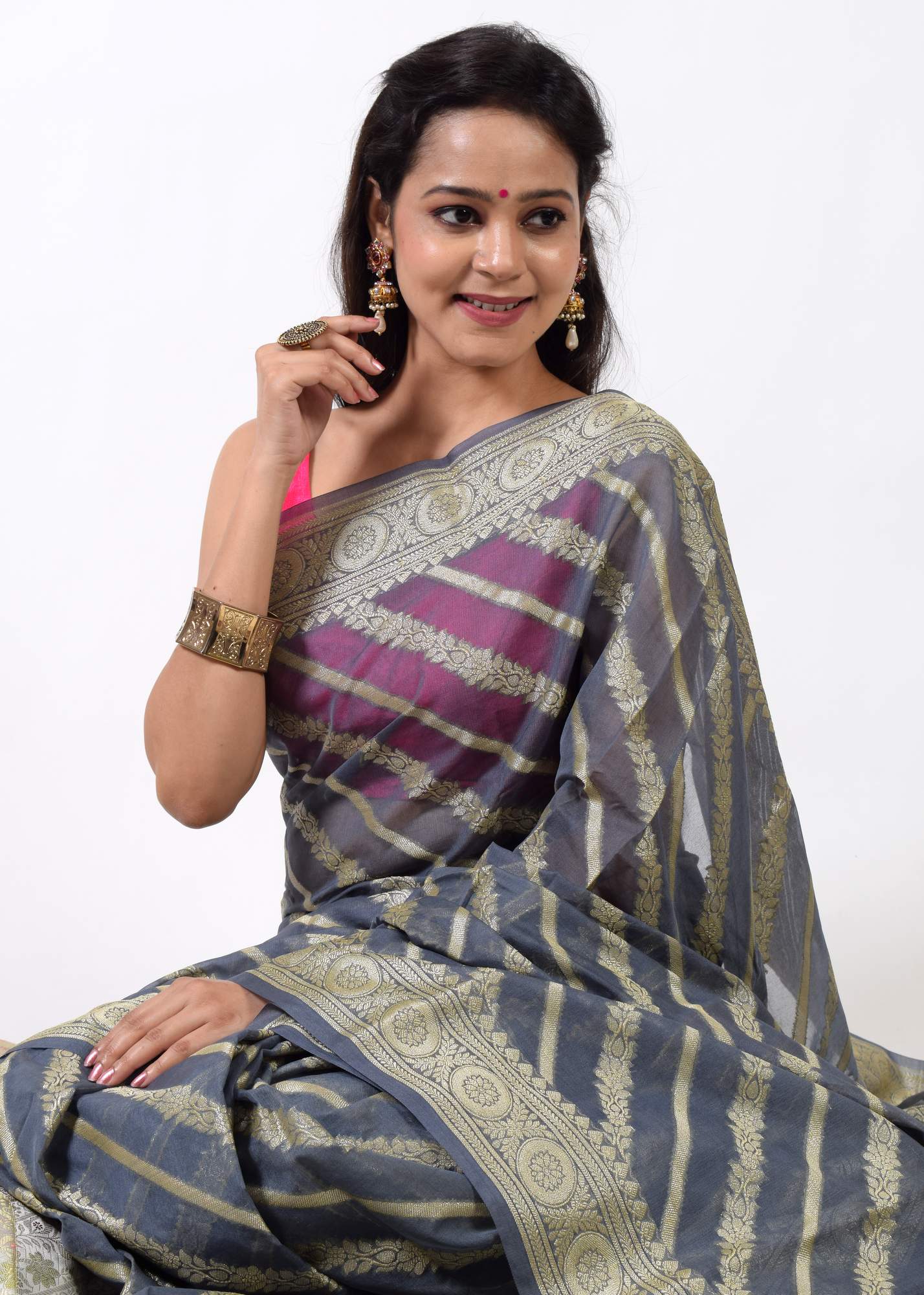 Gray Banarasi Vastra Semi Georgette Soft Silk Ara Stripes Pattern Zari Woven