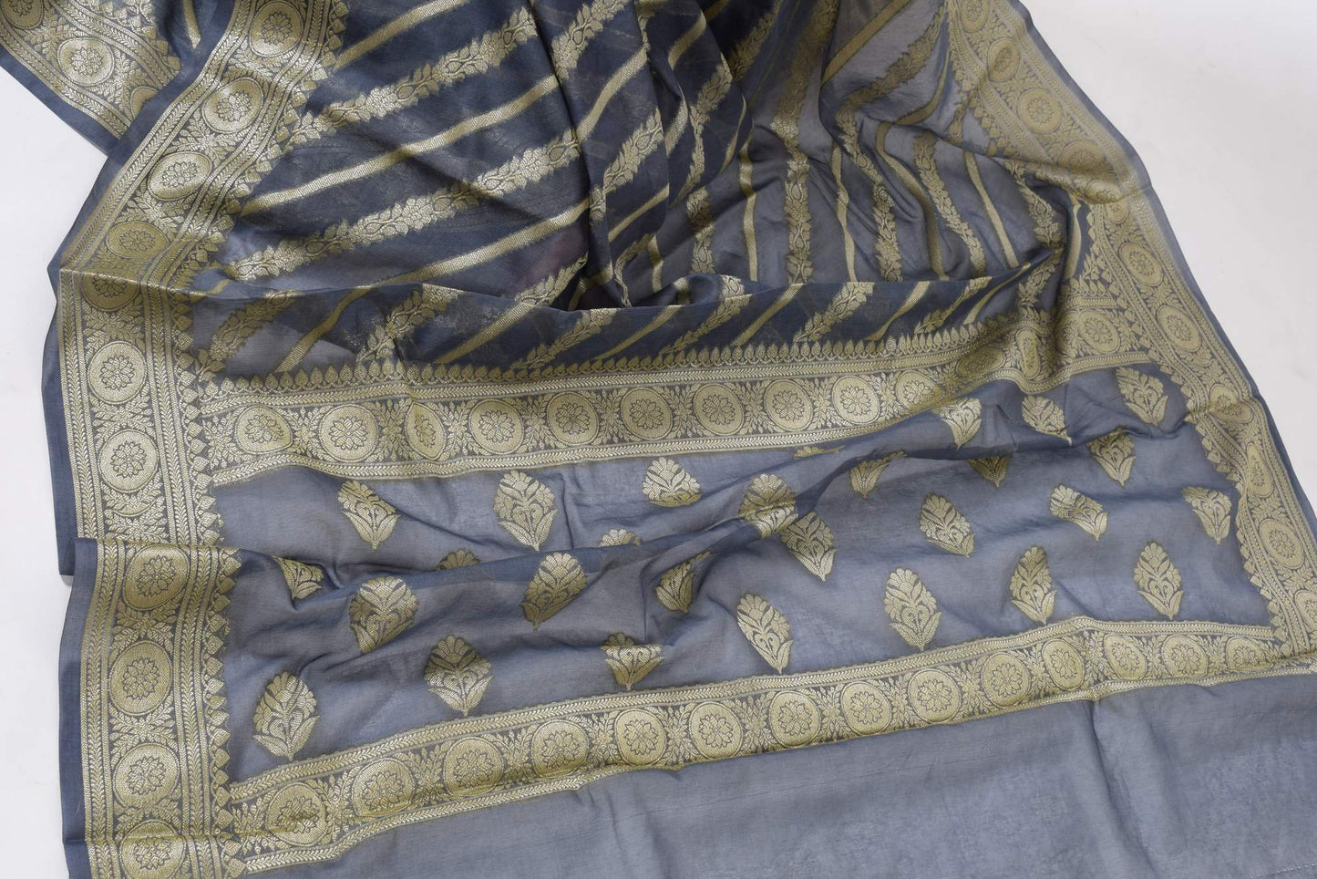 Gray Banarasi Vastra Semi Georgette Soft Silk Ara Stripes Pattern Zari Woven