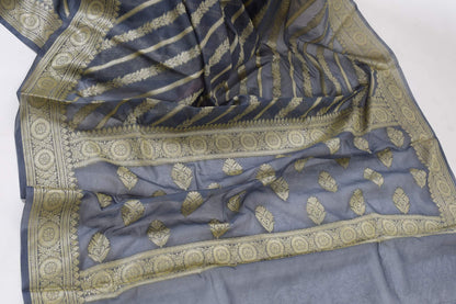Gray Banarasi Vastra Semi Georgette Soft Silk Ara Stripes Pattern Zari Woven