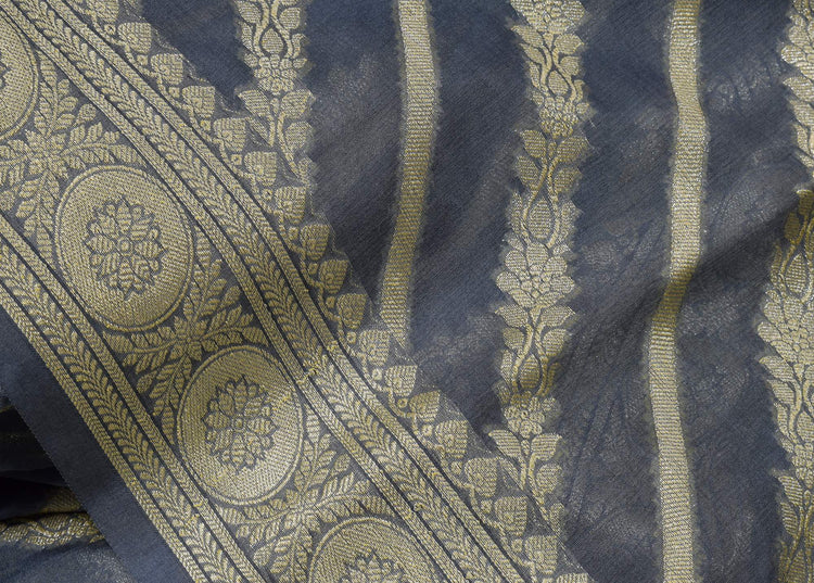 Gray Banarasi Vastra Semi Georgette Soft Silk Ara Stripes Pattern Zari Woven