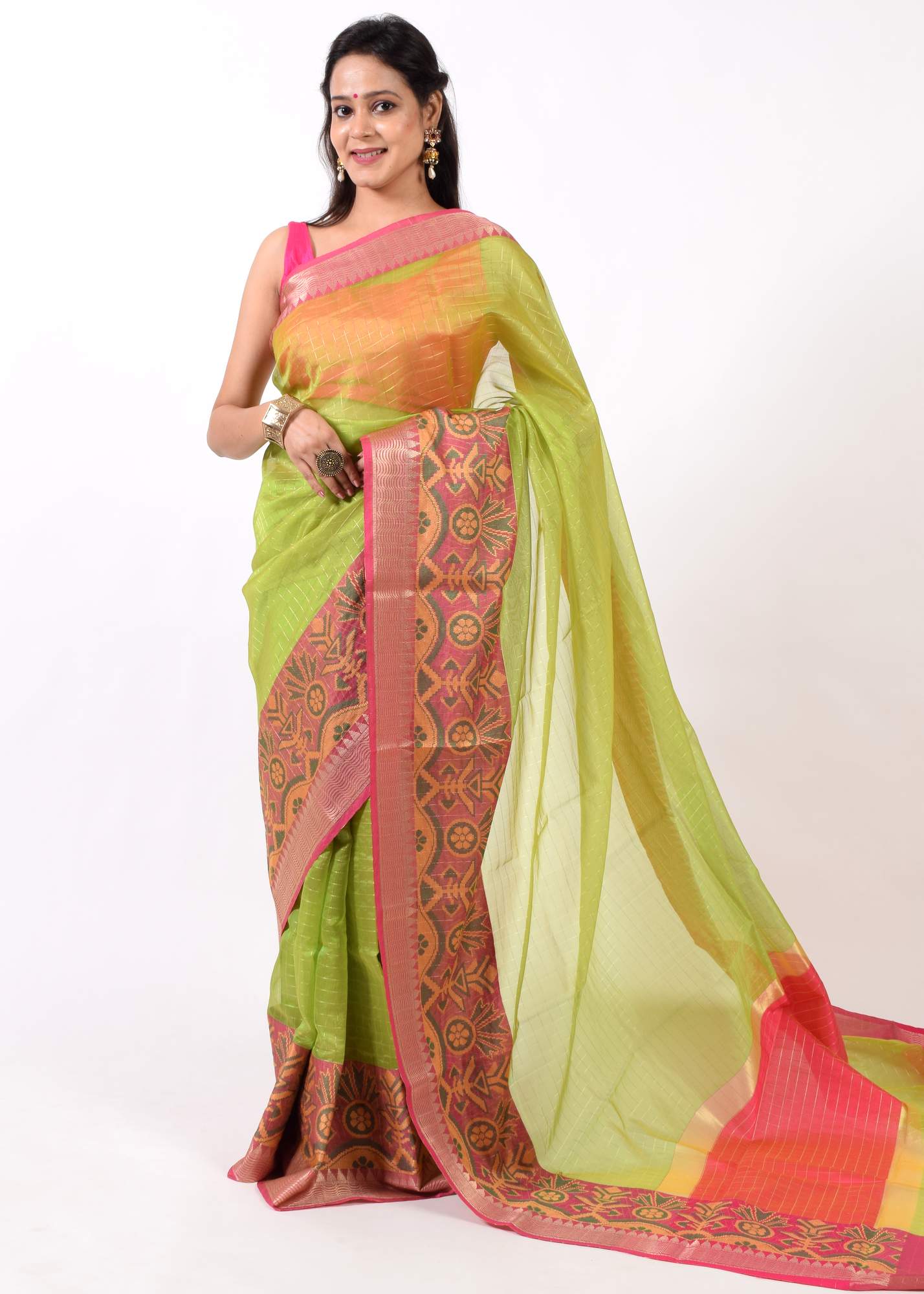 Green Banarasi Semi Kora Organza Silk Zari Woven Check Broad Alfi Border Sari