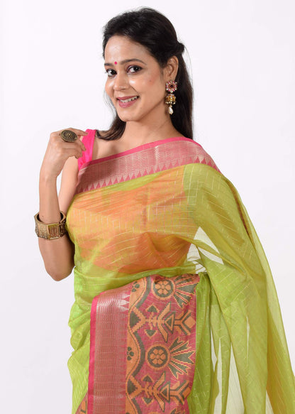 Green Banarasi Semi Kora Organza Silk Zari Woven Check Broad Alfi Border Sari