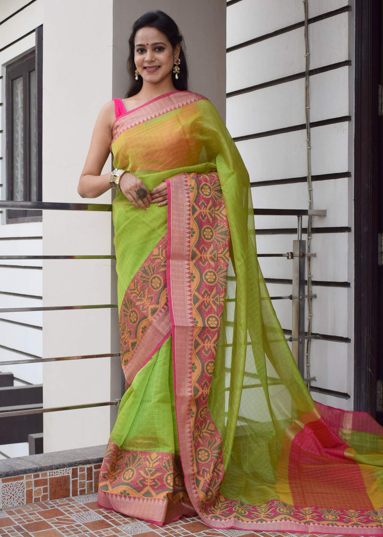 Green Banarasi Semi Kora Organza Silk Zari Woven Check Broad Alfi Border Sari