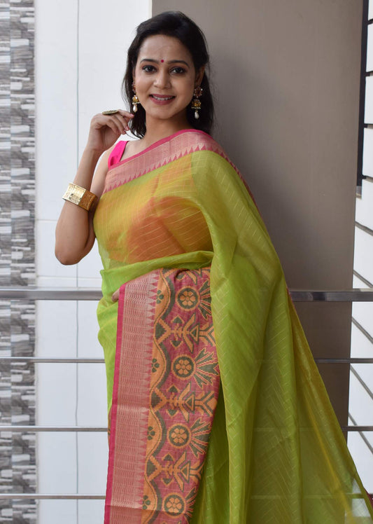 Green Banarasi Semi Kora Organza Silk Zari Woven Check Broad Alfi Border Sari