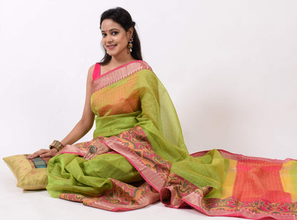 Green Banarasi Semi Kora Organza Silk Zari Woven Check Broad Alfi Border Sari