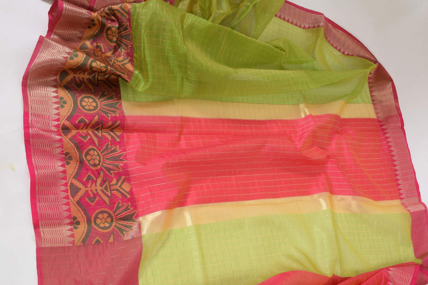 Green Banarasi Semi Kora Organza Silk Zari Woven Check Broad Alfi Border Sari