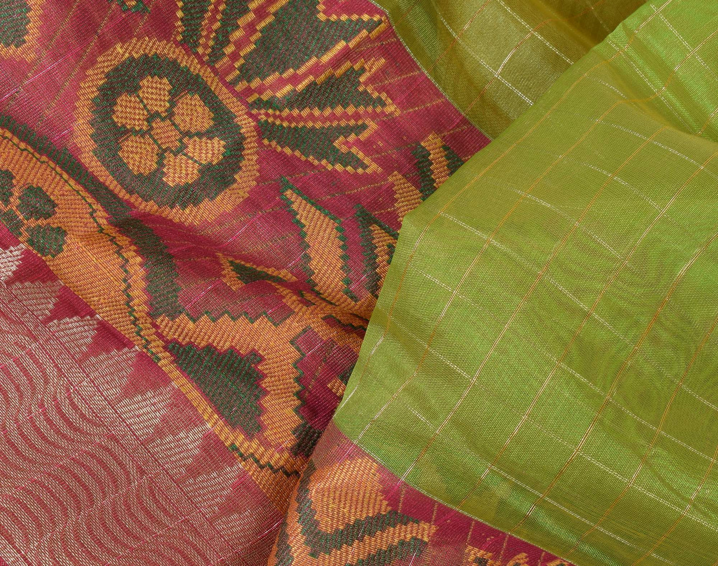 Green Banarasi Semi Kora Organza Silk Zari Woven Check Broad Alfi Border Sari