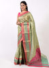 Green Banarasi Semi Tissue Silk Zari Woven Tanchoi Skirt Border Sari Fabric