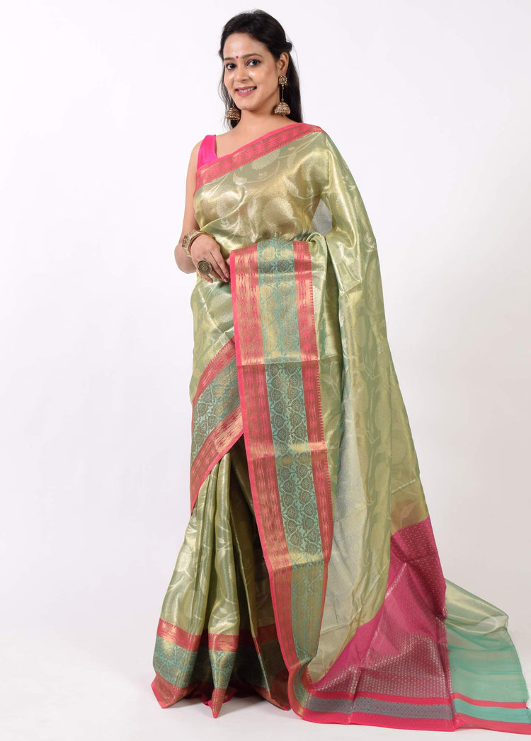 Green Banarasi Semi Tissue Silk Zari Woven Tanchoi Skirt Border Sari Fabric
