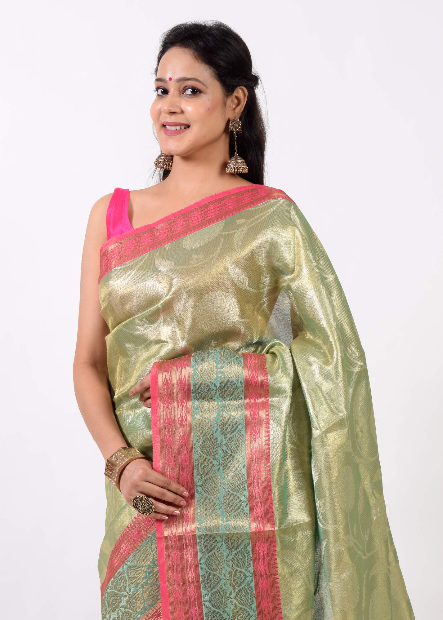 Green Banarasi Semi Tissue Silk Zari Woven Tanchoi Skirt Border Sari Fabric