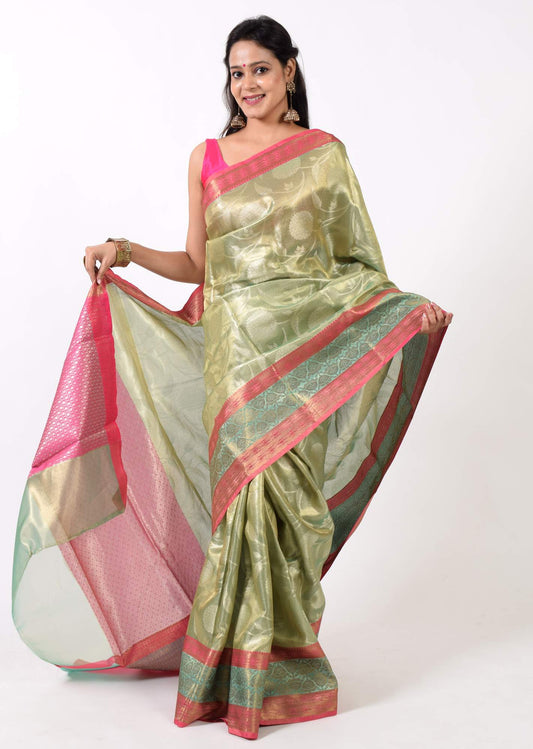 Green Banarasi Semi Tissue Silk Zari Woven Tanchoi Skirt Border Sari Fabric