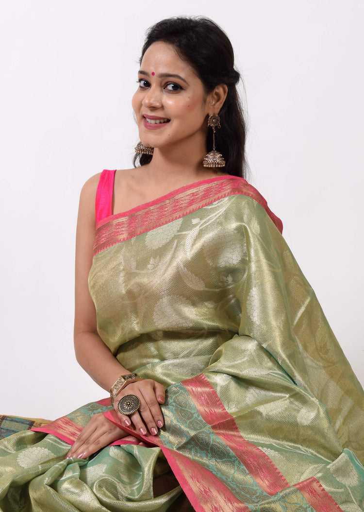 Green Banarasi Semi Tissue Silk Zari Woven Tanchoi Skirt Border Sari Fabric