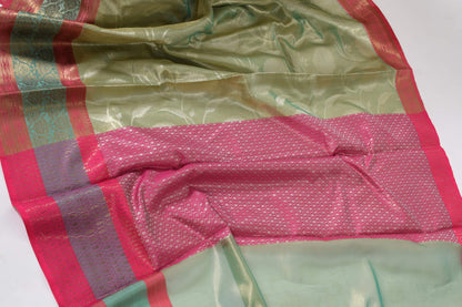 Green Banarasi Semi Tissue Silk Zari Woven Tanchoi Skirt Border Sari Fabric