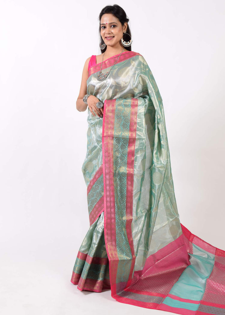 Green&Gold Banarasi Semi Tissue Silk Zari Woven Tanchoi Skirt Border Sari Fabric