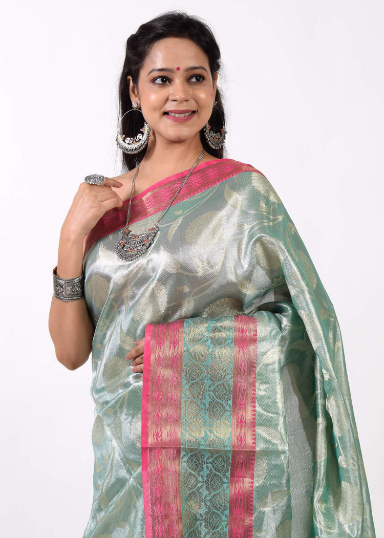 Green&Gold Banarasi Semi Tissue Silk Zari Woven Tanchoi Skirt Border Sari Fabric