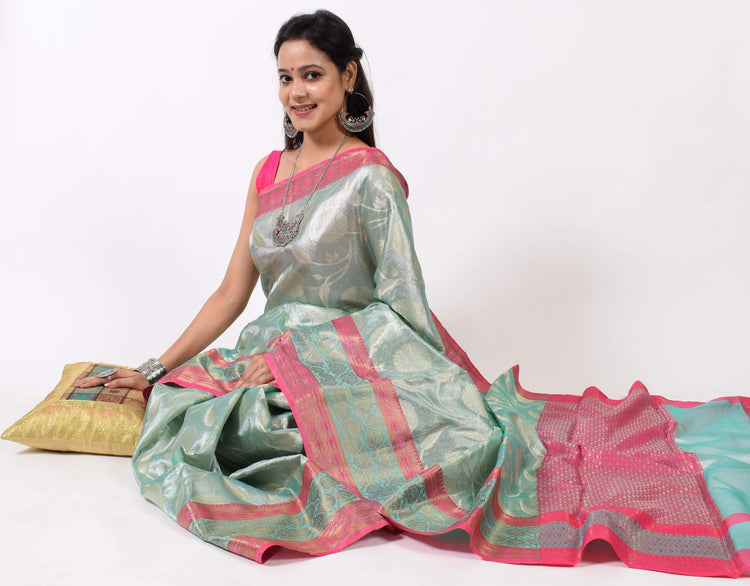 Banarasi Saree Semi Tissue Silk Zari Woven Skirt Border Sari Fabric Green & Gold