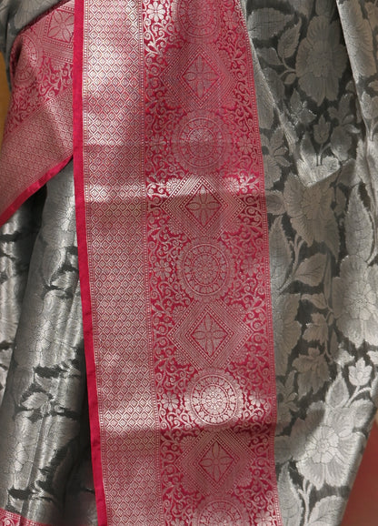 Banarasi Vastra Chanderi Silk Woven Saree with Silver Zari Brocade Floral Zaal
