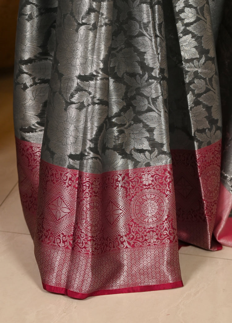 Banarasi Vastra Chanderi Silk Woven Saree with Silver Zari Brocade Floral Zaal