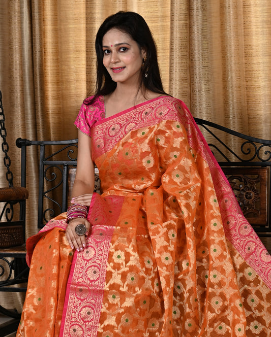 Banarasi Vastra Kora Silk Moonga Check Zari Zaal Contrast Pallu Border Orange