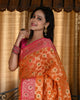 Banarasi Vastra Kora Silk Moonga Check Zari Zaal Contrast Pallu Border Orange