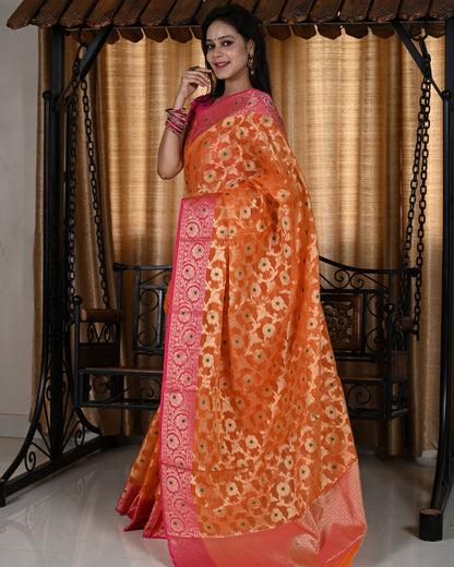 Banarasi Vastra Kora Silk Moonga Check Zari Zaal Contrast Pallu Border Orange