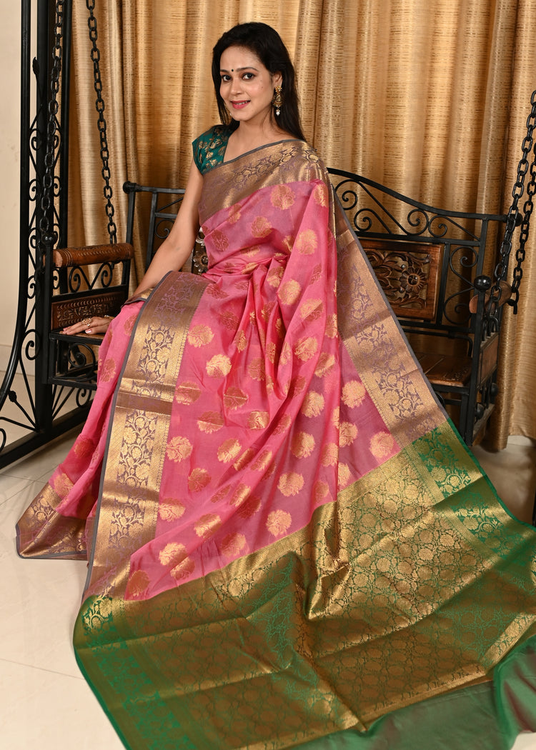 Banarasi Vastra Chanderi Silk Pink Saree with Zari Woven Floral Motifs Border