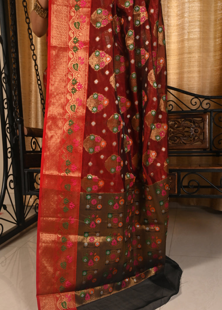 Banarasi Vastra Kora Silk Saree with Meena Tilfi Buta Zari Resham Woven Sari