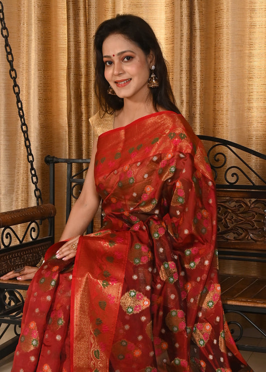 Banarasi Vastra Kora Silk Saree with Meena Tilfi Buta Zari Resham Woven Sari