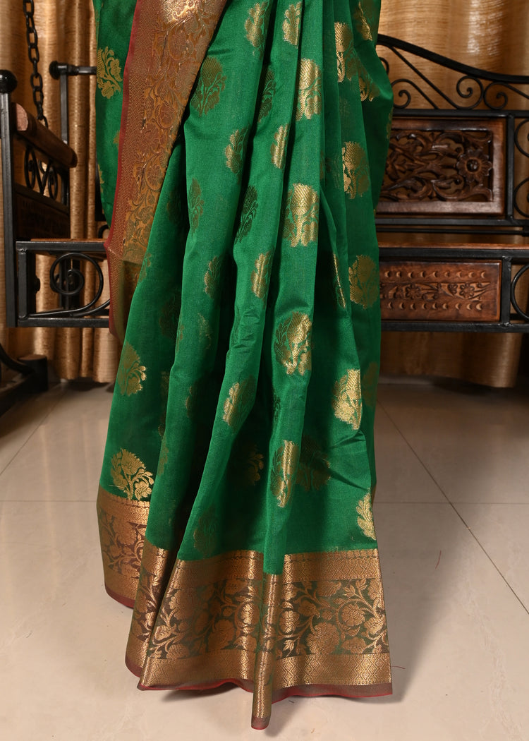 Banarasi Vastra Chanderi Silk Green Saree with Zari Woven Floral Motifs Border Sari