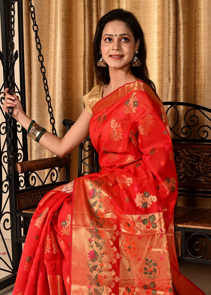 Banarasi Vastra Chanderi Silk Floral Meena Buta Saree Zari Woven Skirt Border
