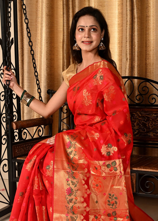 Banarasi Vastra Chanderi Silk Floral Meena Buta Saree Zari Woven Skirt Border