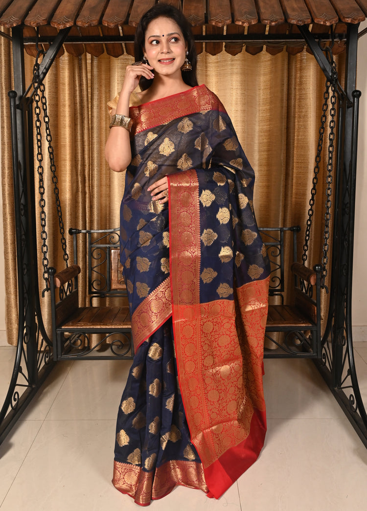 Banarasi Vastra Chanderi Silk Gray Blue Saree with Zari Woven Floral Motifs Sari