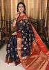 Banarasi Vastra Chanderi Silk Gray Blue Saree with Zari Woven Floral Motifs Sari