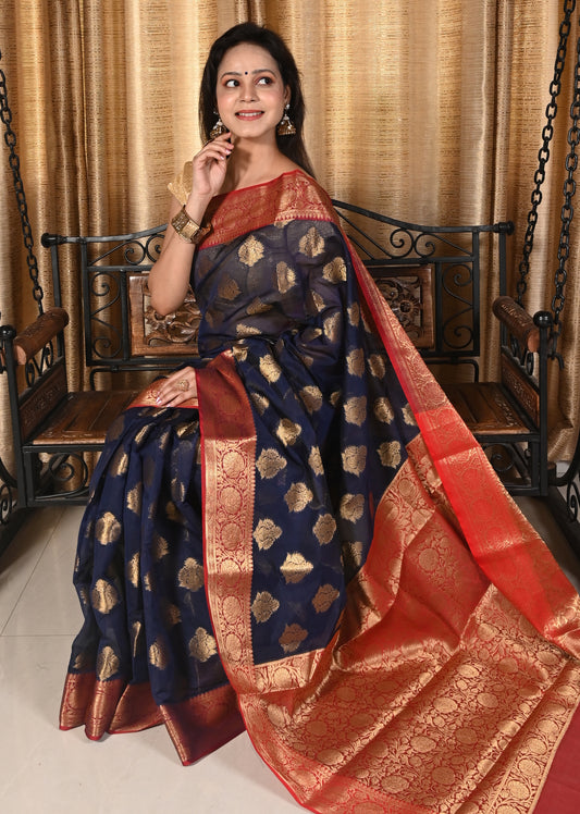 Banarasi Vastra Chanderi Silk Gray Blue Saree with Zari Woven Floral Motifs Sari