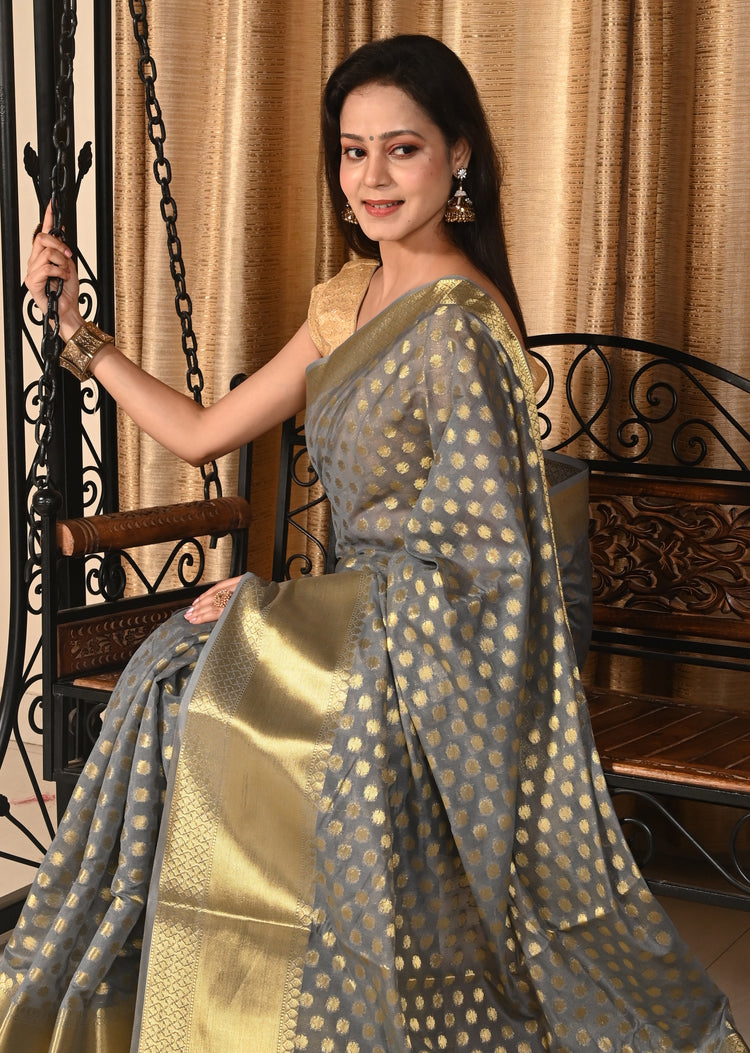 Banarasi Vastra Chanderi Silk Zari Buta Saree with Skirt Border Woven Sari Gray