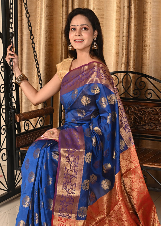 Banarasi Vastra Chanderi Silk Blue Saree with Zari Woven Floral Motifs Border