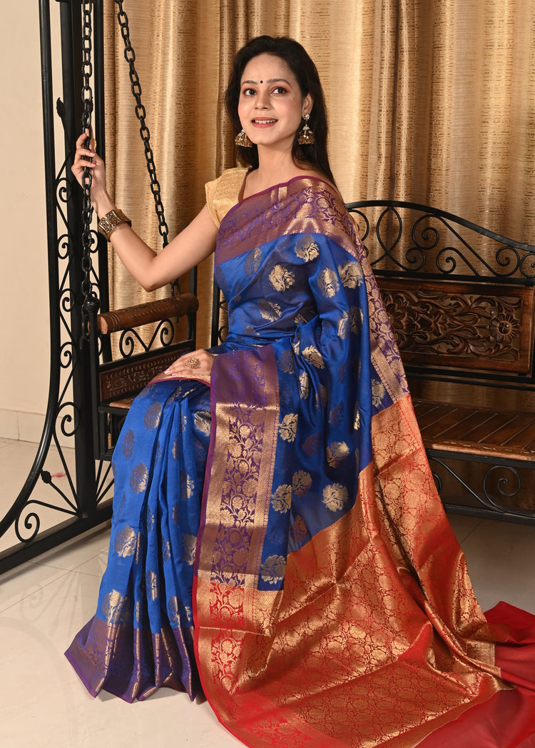 Banarasi Vastra Chanderi Silk Blue Saree with Zari Woven Floral Motifs Border