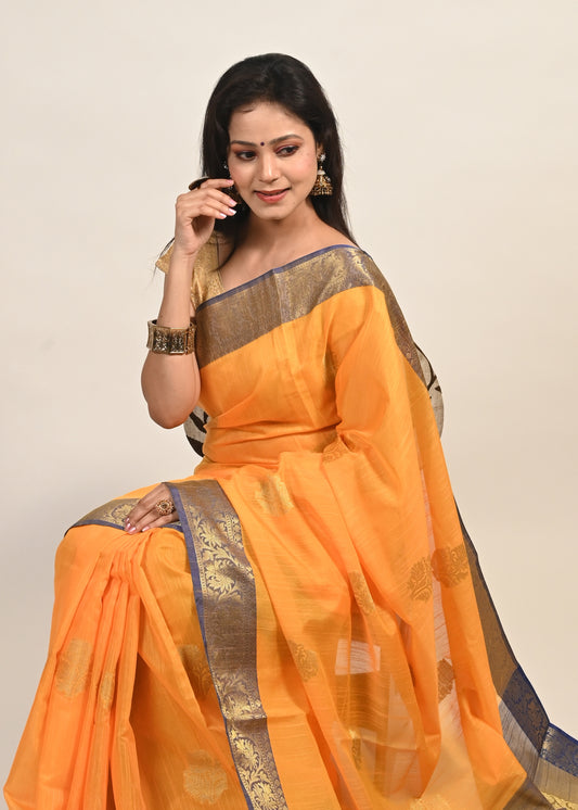Banarasi Vastra Silky Lenin Saree With Zari Woven Floral Motifs Border Yellow