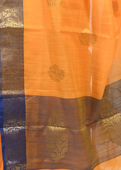 Banarasi Vastra Silky Lenin Saree With Zari Woven Floral Motifs Border Yellow