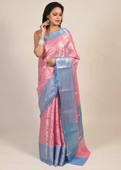 Banarasi Vastra Chanderi Silk Woven Saree with Silver Zari Brocade Floral Zaal
