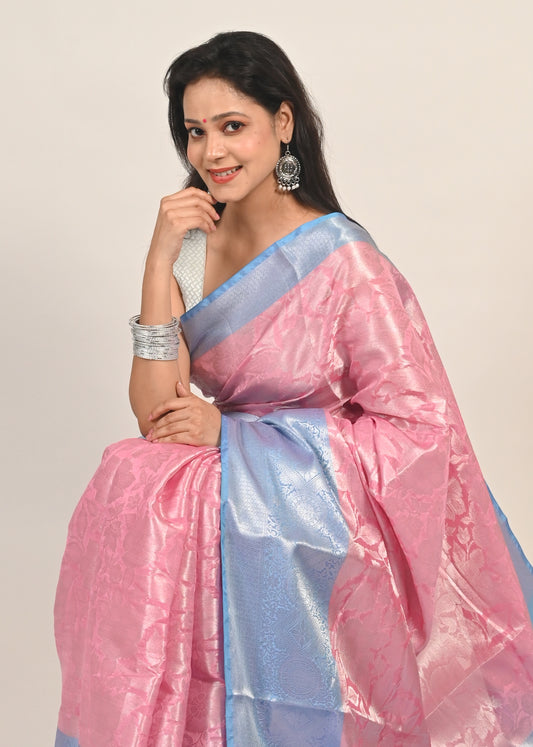 Banarasi Vastra Chanderi Silk Woven Saree with Silver Zari Brocade Floral Zaal