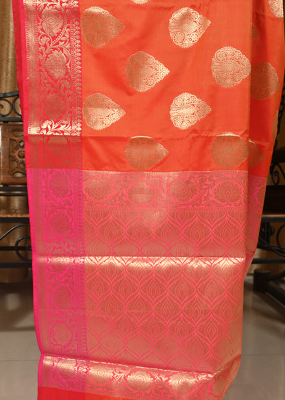 Banarasi Vastra Semi Katan Silk Woven Saree Golden Zari Buta Floral Border Orang