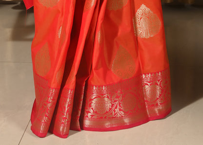 Banarasi Vastra Semi Katan Silk Woven Saree Golden Zari Buta Floral Border Orang